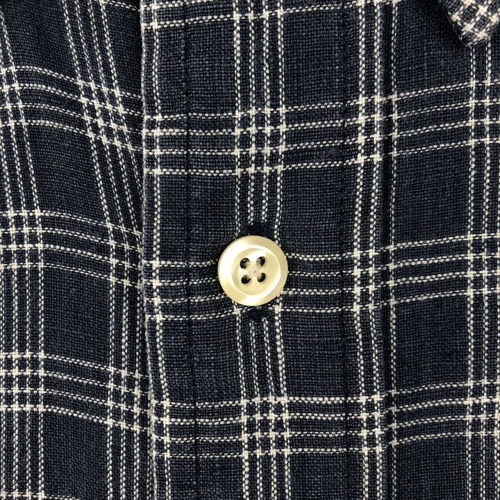 90'S Brooks Brothers Tartan Check Long-Sleeve Linen Button-Down Shirt, Men's Size L (approx.), Vintage Button-Down linen Navy blue Vintage Second Hand