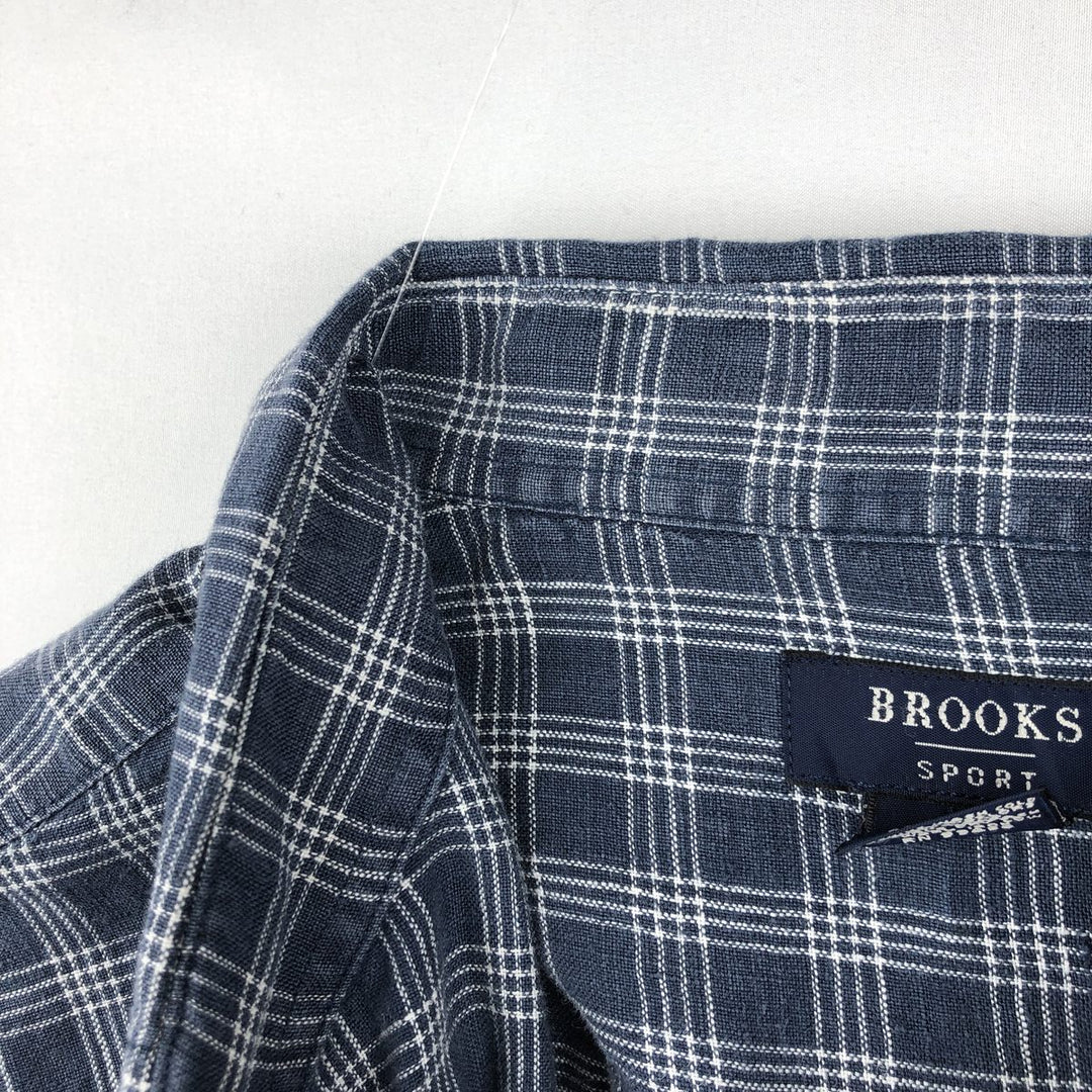 90'S Brooks Brothers Tartan Check Long-Sleeve Linen Button-Down Shirt, Men's Size L (approx.), Vintage Button-Down linen Navy blue Vintage Second Hand