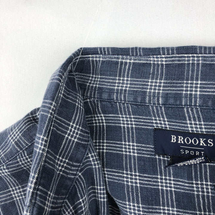 90'S Brooks Brothers Tartan Check Long-Sleeve Linen Button-Down Shirt, Men's Size L (approx.), Vintage Button-Down linen Navy blue Vintage Second Hand