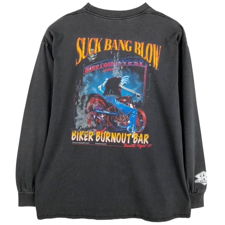2000'S Gildan Suck Bang Blow Motorcycle Long-Sleeve T-Shirt (Men's XL equivalent) cotton Charcoal Vintage Second Hand