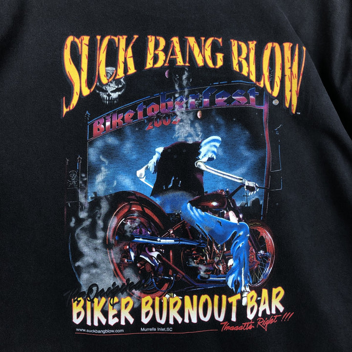 2000'S Gildan Suck Bang Blow Motorcycle Long-Sleeve T-Shirt (Men's XL equivalent) cotton Charcoal Vintage Second Hand