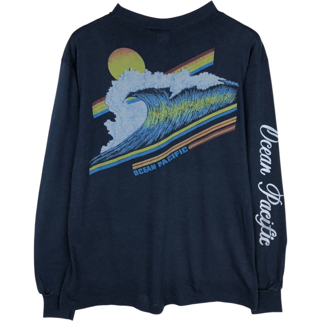 Ocean Pacific Long-Sleeve T-Shirt, Made in USA, Men's Size L (equivalent) cotton navy blue type Vintage Second Hand