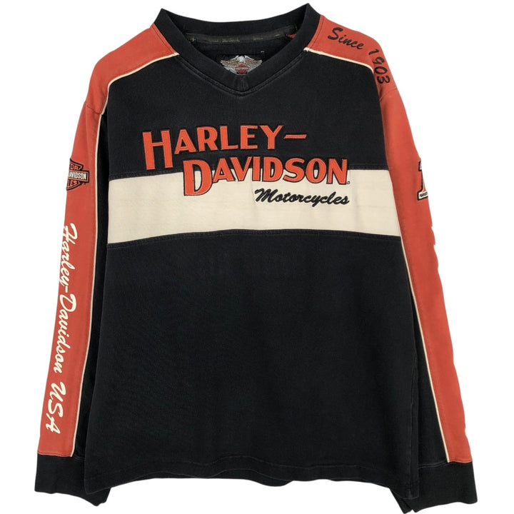 Harley-Davidson Motorcycle V-Neck Long-Sleeve T-Shirt (Men's Size M) cotton orange type Vintage Second Hand