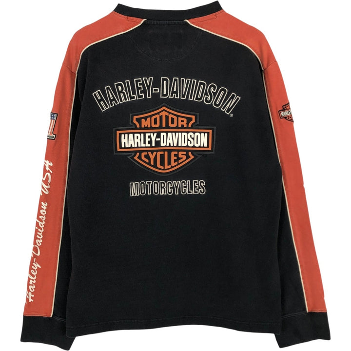 Harley-Davidson Motorcycle V-Neck Long-Sleeve T-Shirt (Men's Size M) cotton orange type Vintage Second Hand