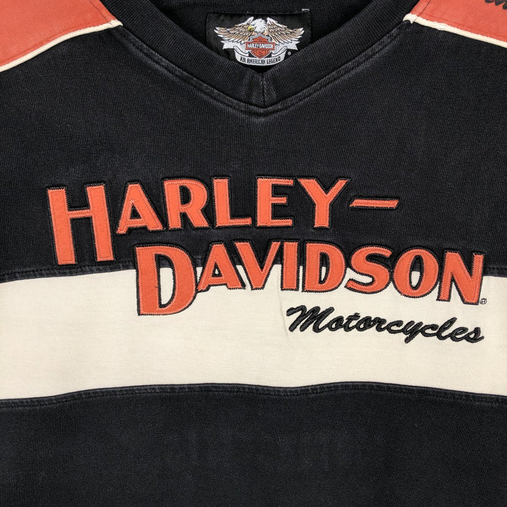 Harley-Davidson Motorcycle V-Neck Long-Sleeve T-Shirt (Men's Size M) cotton orange type Vintage Second Hand