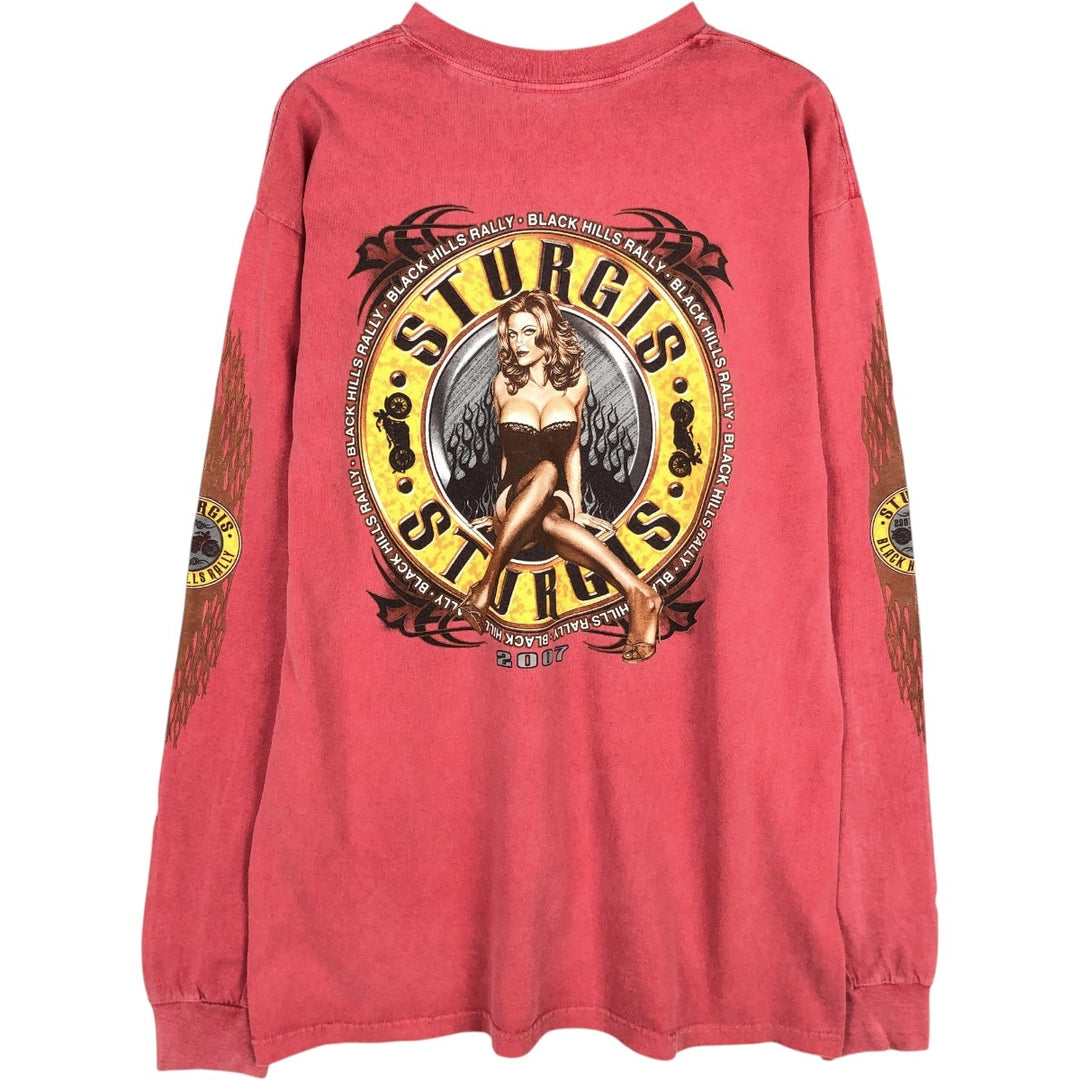90'S THE MOUNTAIN Pin-up Girl Motorcycle Long-Sleeve T-Shirt, Made in USA, Men's Size L (Equivalent), Vintage cotton pink type Vintage Second Hand