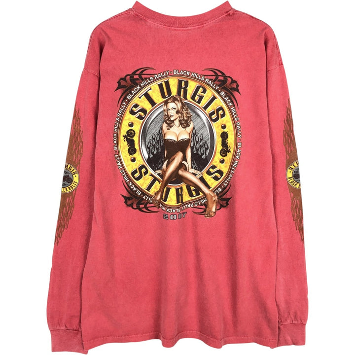 90'S THE MOUNTAIN Pin-up Girl Motorcycle Long-Sleeve T-Shirt, Made in USA, Men's Size L (Equivalent), Vintage cotton pink type Vintage Second Hand