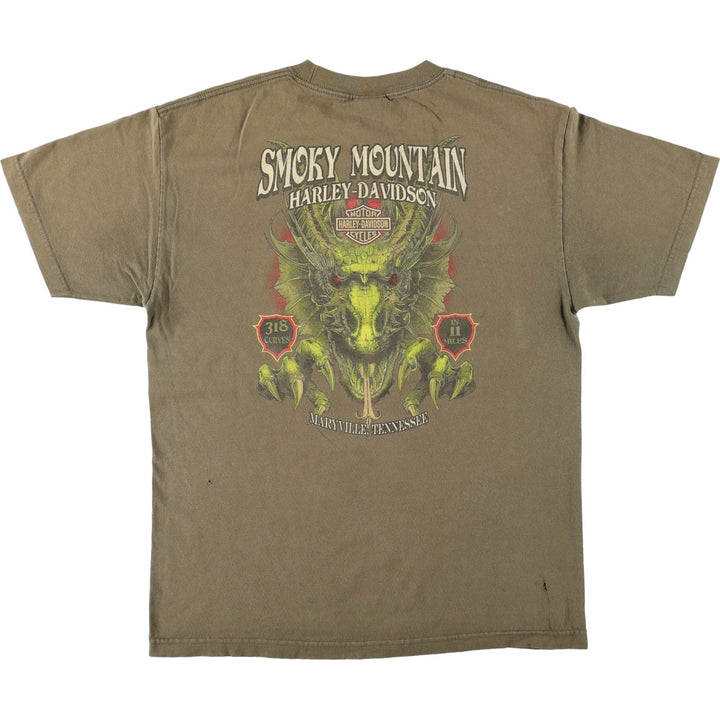 Harley-Davidson Dragon Pattern Motorcycle T-Shirt, Men's Size L (approx.) cotton Khaki type Vintage Second Hand
