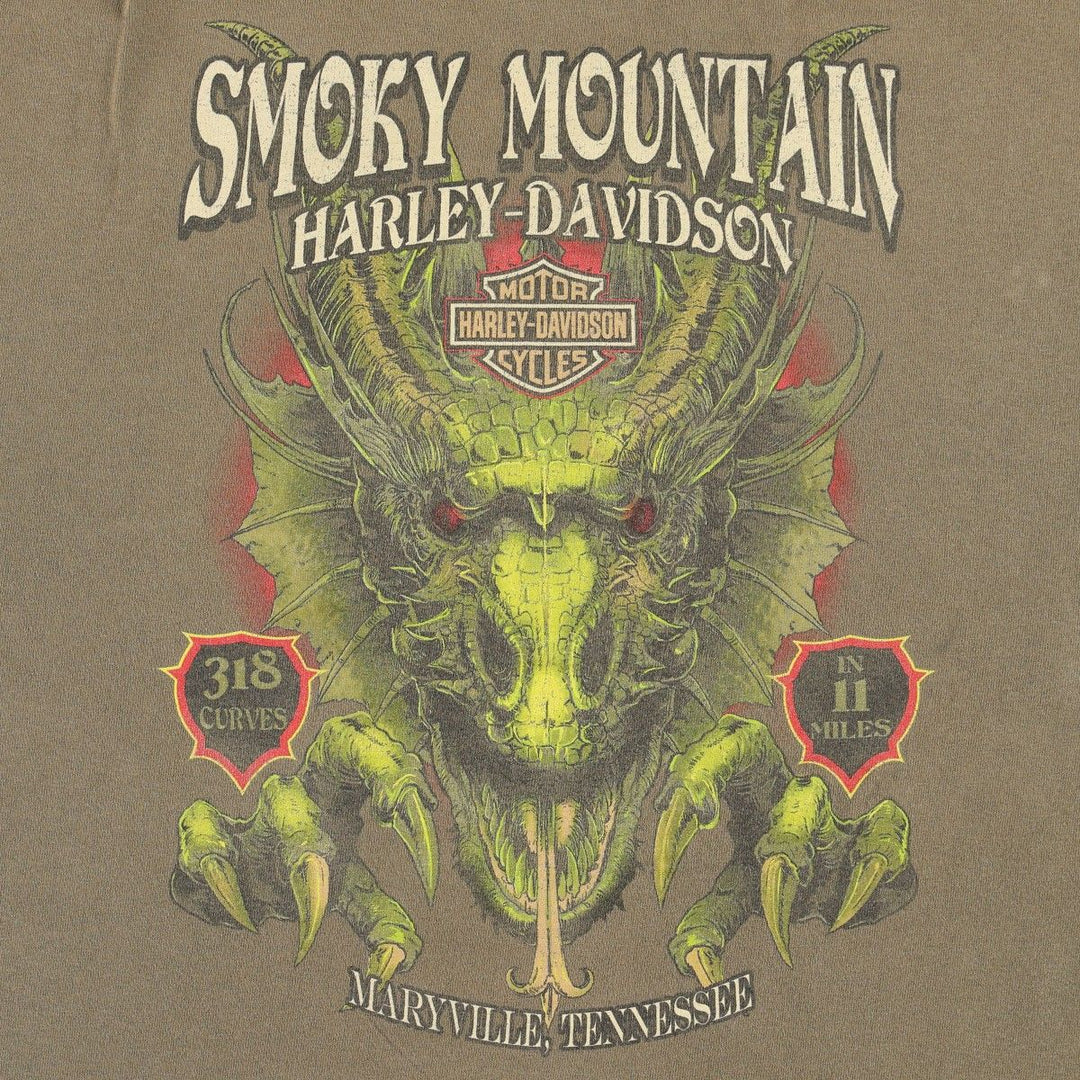 Harley-Davidson Dragon Pattern Motorcycle T-Shirt, Men's Size L (approx.) cotton Khaki type Vintage Second Hand