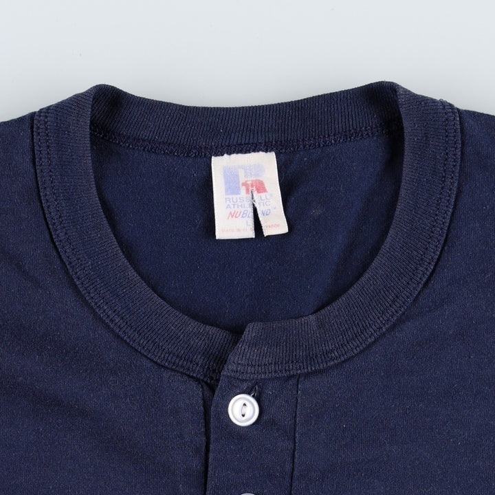 90'S Russell Plain Henley Neck T-Shirt, Men's Size L (Equivalent), Vintage cotton navy blue type Vintage Second Hand