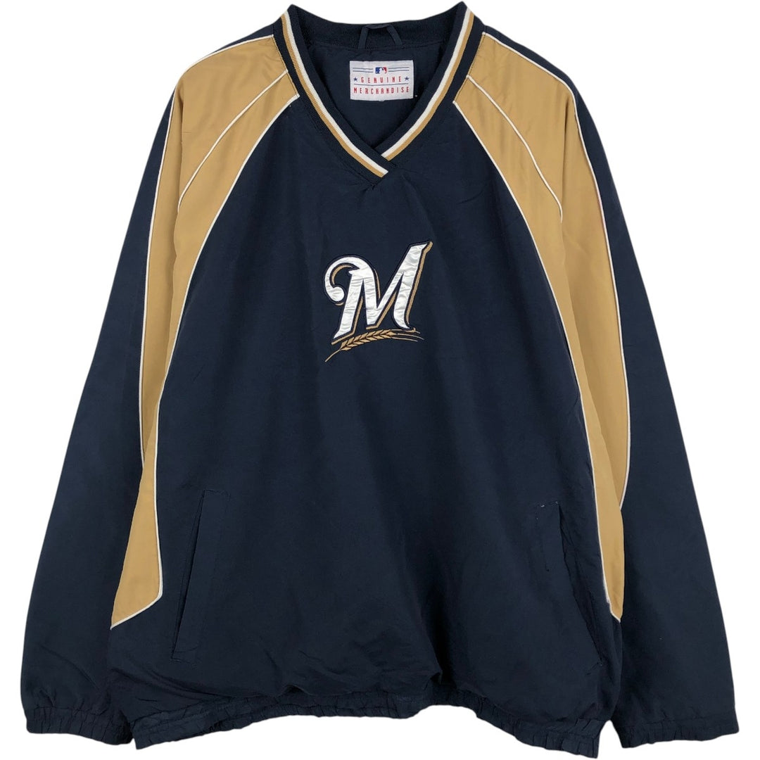 GENUINE MERCHANDISE MLB Milwaukee Brewers V-neck Warm-up Pullover (Men's XXL equivalent) polyester navy blue type Vintage Second Hand