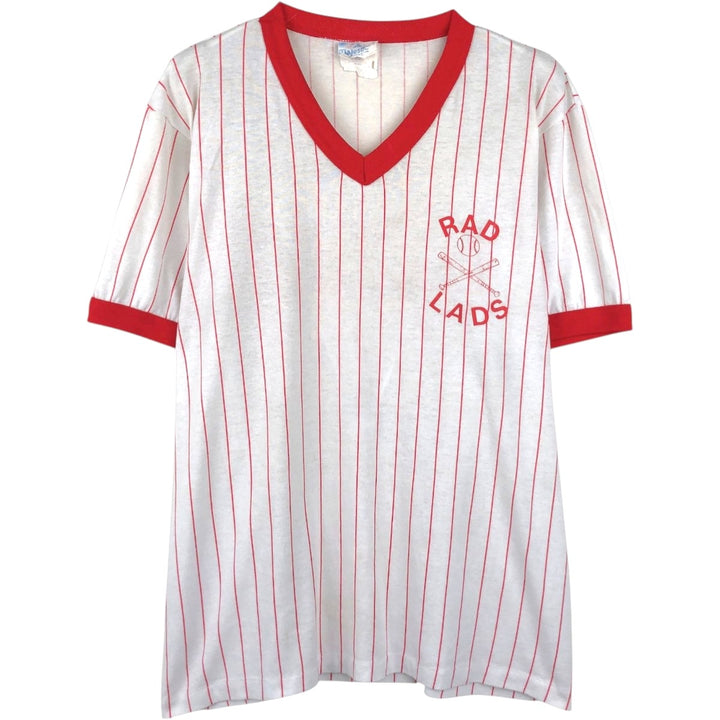~90'S Majestic PASCO Scientific Stripe Pattern V-Neck Advertising Ringer T-Shirt, Made in USA, Men's Size L (approx.) unclear white type Vintage Second Hand