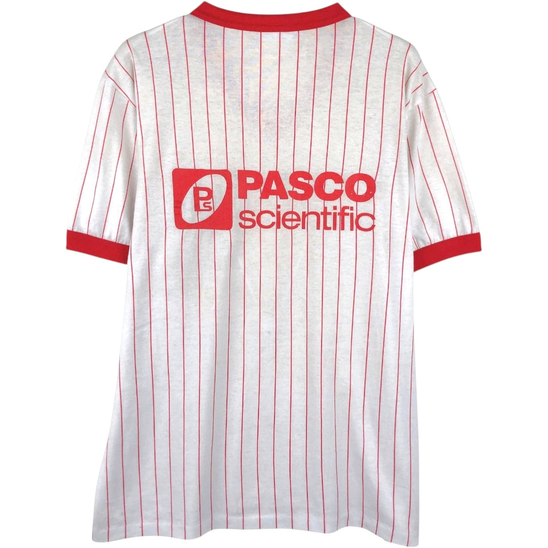 ~90'S Majestic PASCO Scientific Stripe Pattern V-Neck Advertising Ringer T-Shirt, Made in USA, Men's Size L (approx.) unclear white type Vintage Second Hand