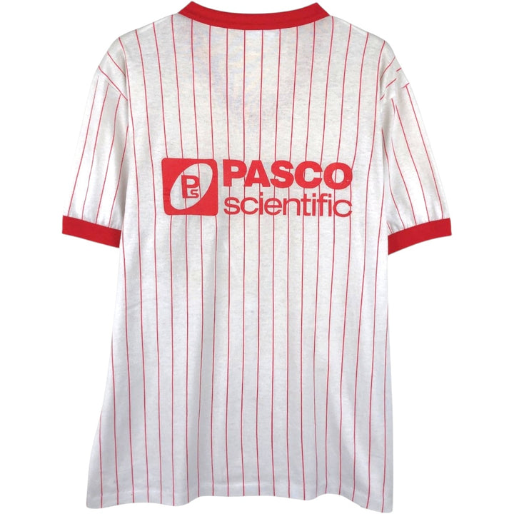 ~90'S Majestic PASCO Scientific Stripe Pattern V-Neck Advertising Ringer T-Shirt, Made in USA, Men's Size L (approx.) unclear white type Vintage Second Hand