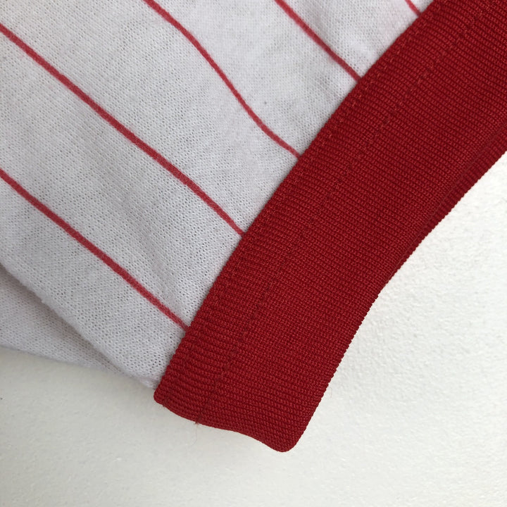~90'S Majestic PASCO Scientific Stripe Pattern V-Neck Advertising Ringer T-Shirt, Made in USA, Men's Size L (approx.) unclear white type Vintage Second Hand