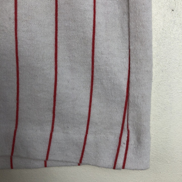 ~90'S Majestic PASCO Scientific Stripe Pattern V-Neck Advertising Ringer T-Shirt, Made in USA, Men's Size L (approx.) unclear white type Vintage Second Hand