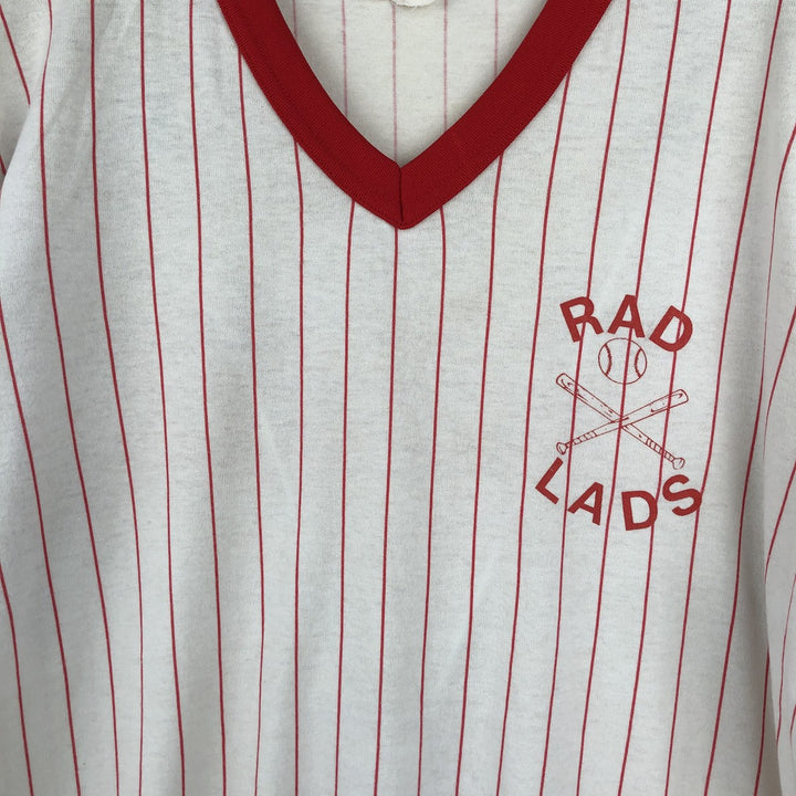 ~90'S Majestic PASCO Scientific Stripe Pattern V-Neck Advertising Ringer T-Shirt, Made in USA, Men's Size L (approx.) unclear white type Vintage Second Hand