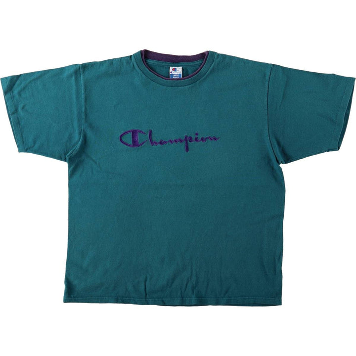 90'S Champion Short-Sleeve T-Shirt with One-Point Logo, Made in USA, Men's Size L (Equivalent), Vintage cotton Green type dark green Vintage Second Hand