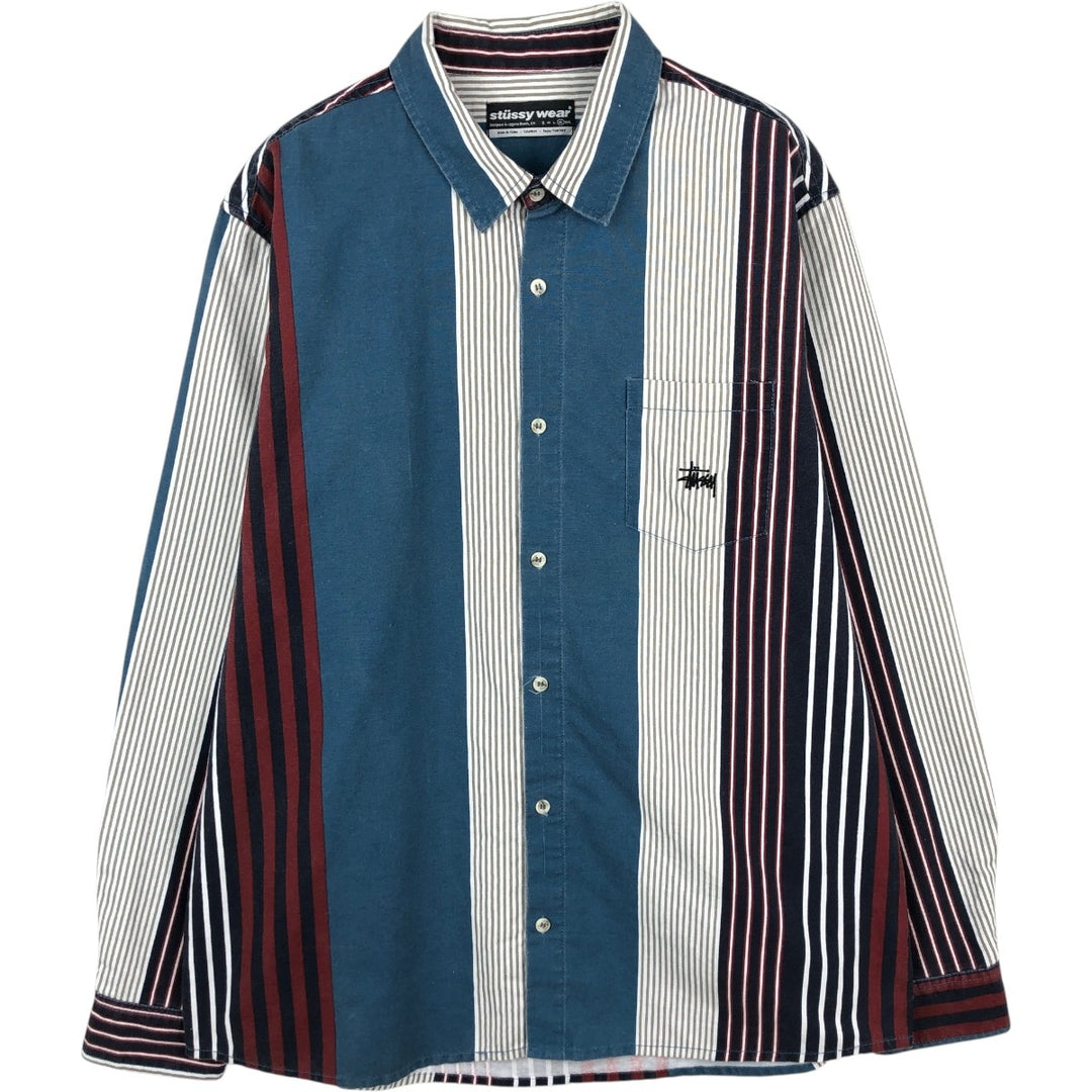 ~2000'S Stussy Stripe Pattern Long-Sleeve Cotton Stripe Shirt, Men's Size XL (approx.) cotton multicolor Vintage Second Hand