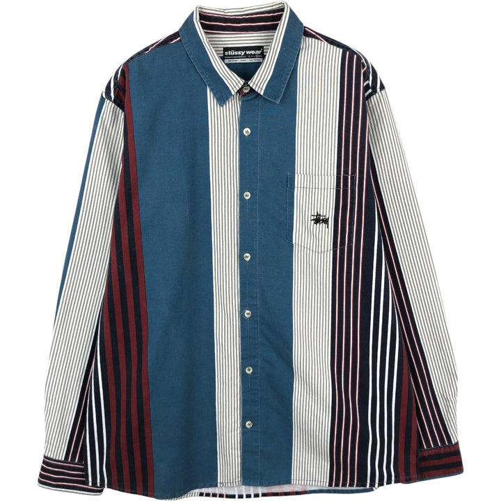 ~2000'S Stussy Stripe Pattern Long-Sleeve Cotton Stripe Shirt, Men's Size XL (approx.) cotton multicolor Vintage Second Hand
