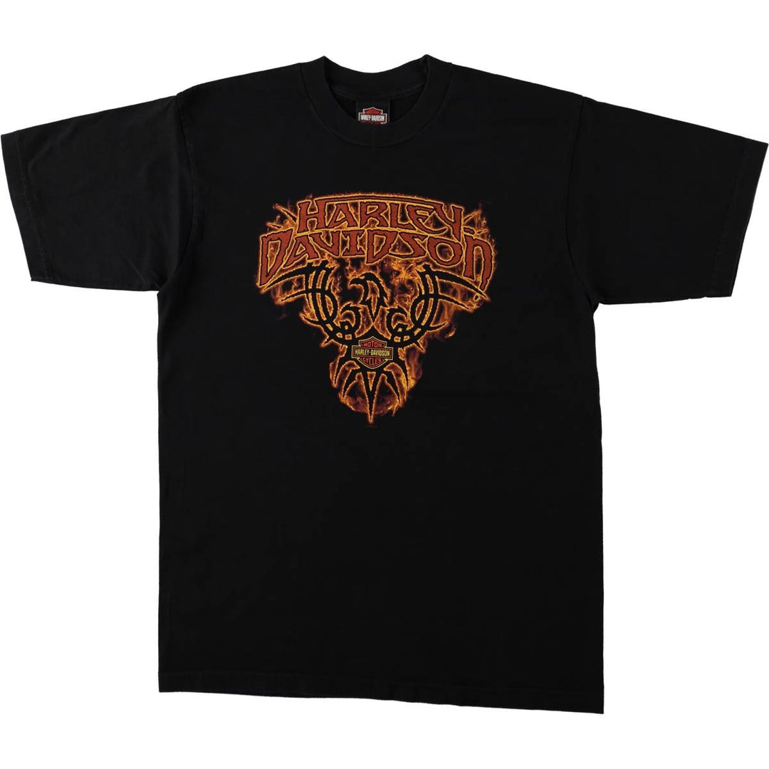 00'S Harley-Davidson Fire Pattern Motorcycle Bike T-Shirt Made in USA Men's L size cotton black type Vintage Second Hand