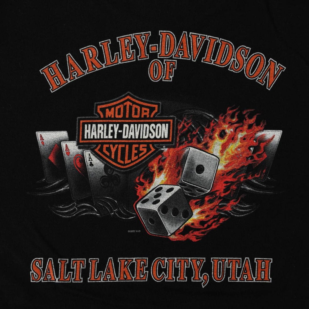 00'S Harley-Davidson Fire Pattern Motorcycle Bike T-Shirt Made in USA Men's L size cotton black type Vintage Second Hand