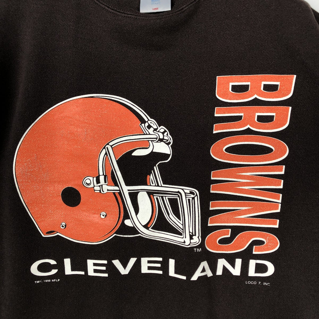 90'S LOGO7 NFL BROWNS Cleveland Browns Print Sweatshirt, Men's Size L (approx.), Vintage cotton brown type Vintage Second Hand