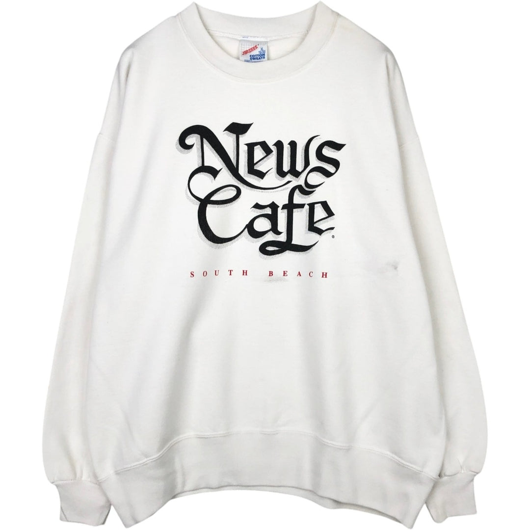 90'S JERSEYS COTTON SWEATS News Cafe Advertising Sweatshirt, Made in USA, Men's XL equivalent. cotton white type Vintage Second Hand
