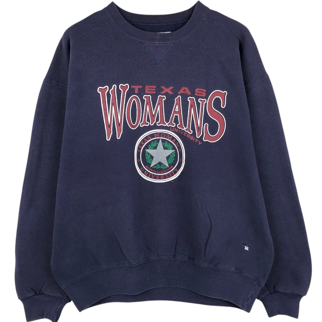 90'S Russell Texas Woman's University College Sweatshirt, Made in USA, Men's XL equivalent, Vintage cotton Indigo Vintage Second Hand