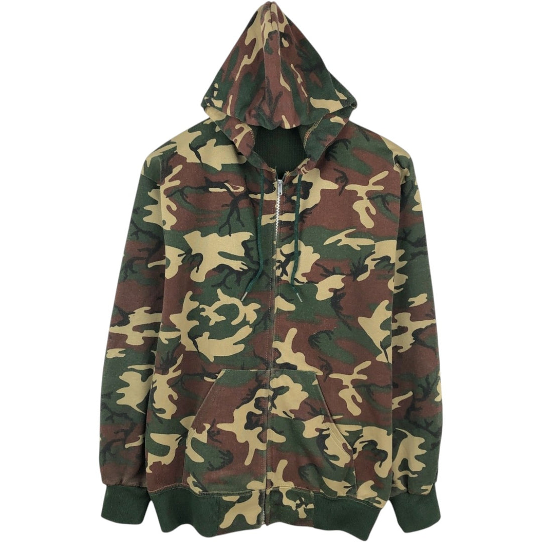 Camouflage Woodland Camo Full-Zip Sweatshirt Hoodie, Men's Size L (Equivalent), Vintage polyester Khaki type Vintage Second Hand