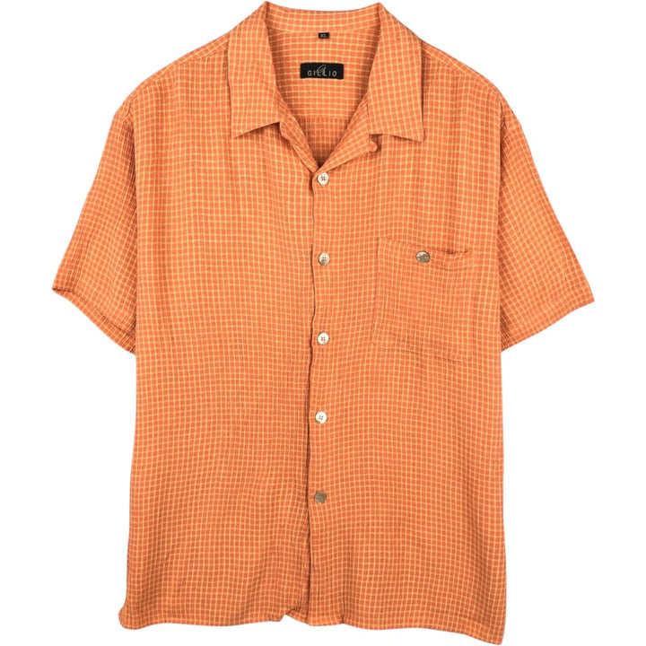 GILLIO Check Pattern Short-Sleeve Open Collar Rayon Shirt, Boxy Shirt, Made in USA, Men's XL Equivalent Rayon orange type Vintage Second Hand