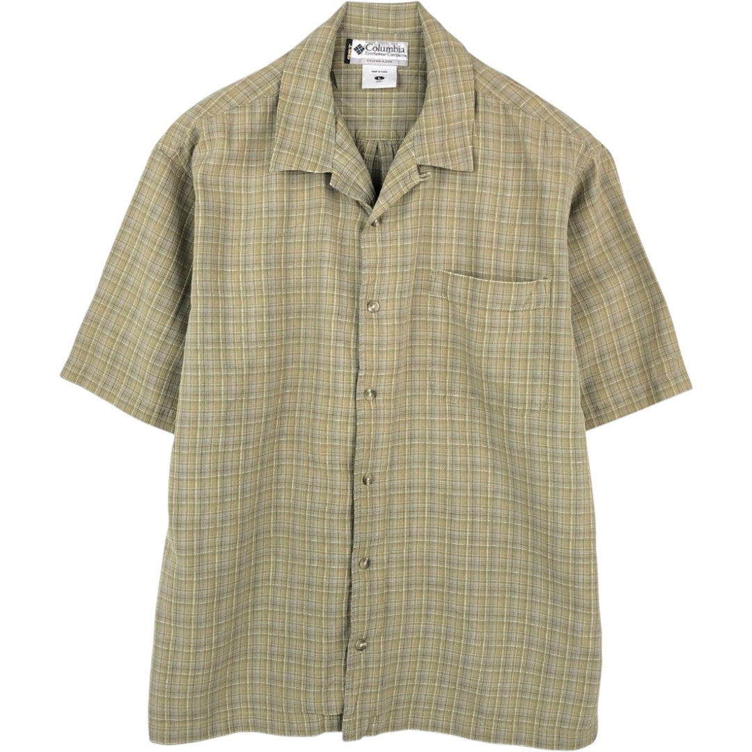 Columbia Short-Sleeve Open-Collar Silk Shirt, Boxy Fit, Men's Size L (approx.) silk Khaki type Vintage Second Hand