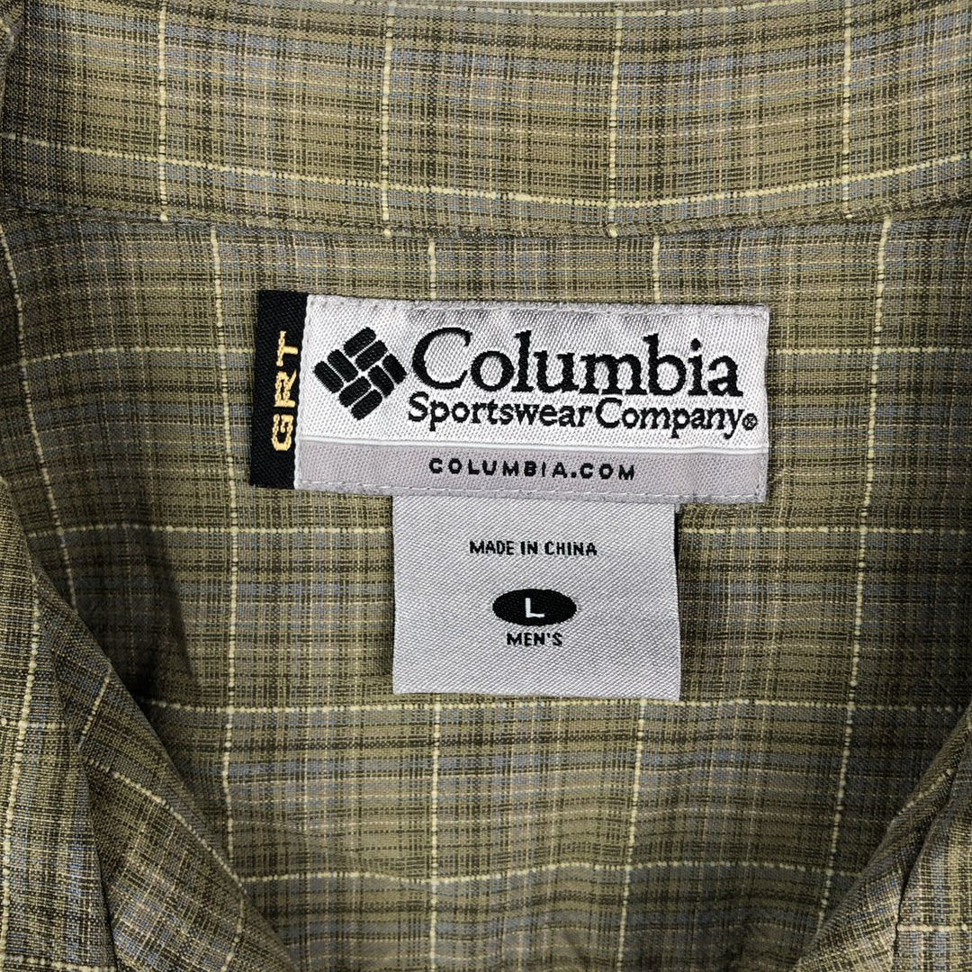 Columbia Short-Sleeve Open-Collar Silk Shirt, Boxy Fit, Men's Size L (approx.) silk Khaki type Vintage Second Hand