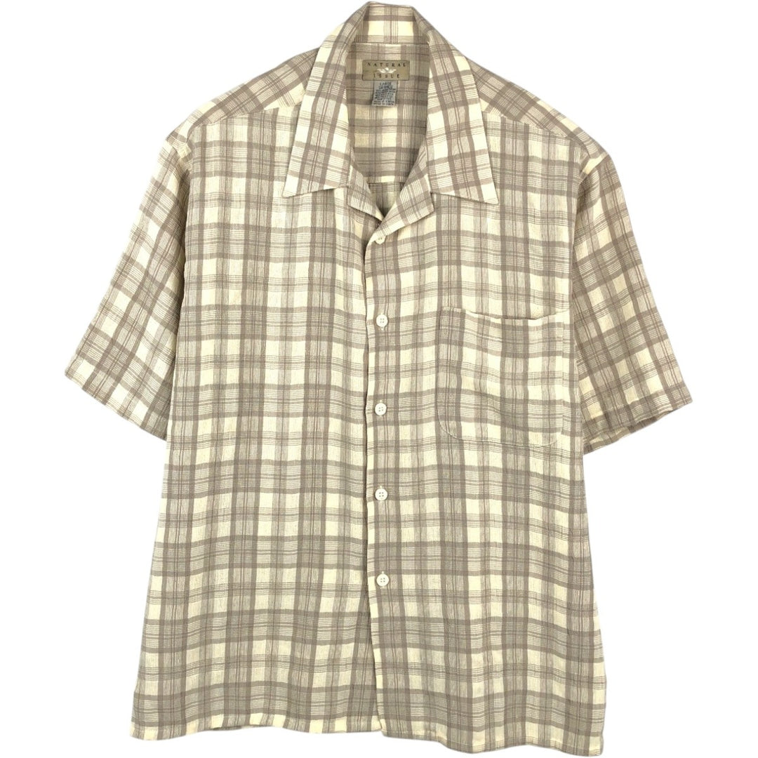 NATURAL ISSUE Check Pattern Short-Sleeve Open Collar Polyester x Rayon Box Shirt Men's Size L Rayon Beige type Vintage Second Hand