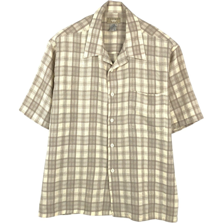 NATURAL ISSUE Check Pattern Short-Sleeve Open Collar Polyester x Rayon Box Shirt Men's Size L Rayon Beige type Vintage Second Hand