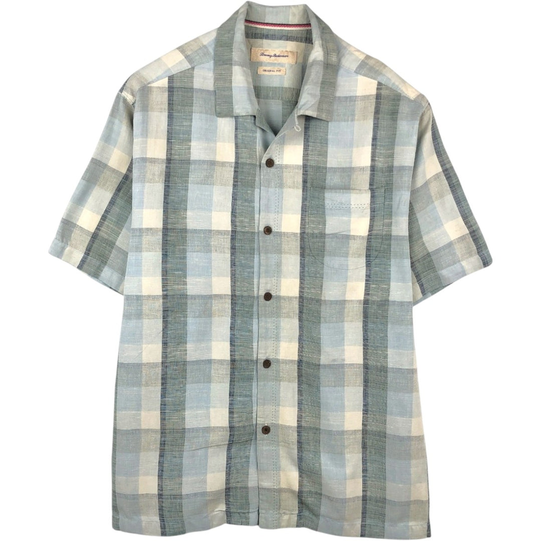 Tommy Bahama Original Fit Check Pattern Short-Sleeve Open Collar Silk Shirt, Boxy Shirt, Men's Size L (approx.) silk Blue type light blue Vintage Second Hand