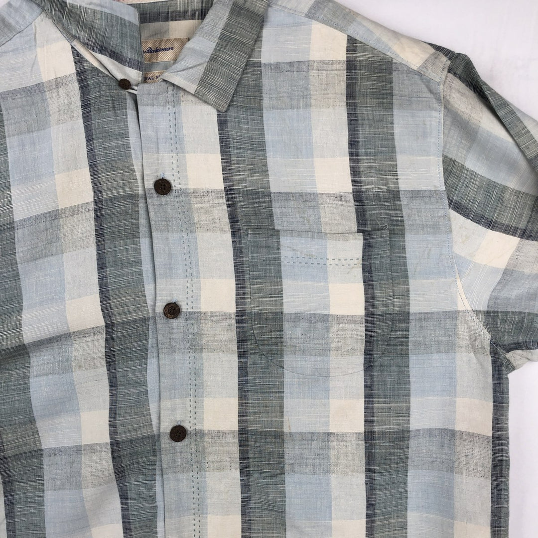 Tommy Bahama Original Fit Check Pattern Short-Sleeve Open Collar Silk Shirt, Boxy Shirt, Men's Size L (approx.) silk Blue type light blue Vintage Second Hand