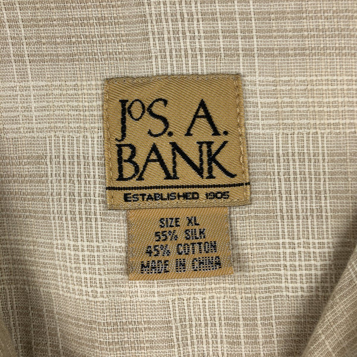 Jos. A. Bank all-over print short-sleeved open-collar cotton x silk box shirt, men's size XL equivalent. silk Beige type Vintage Second Hand
