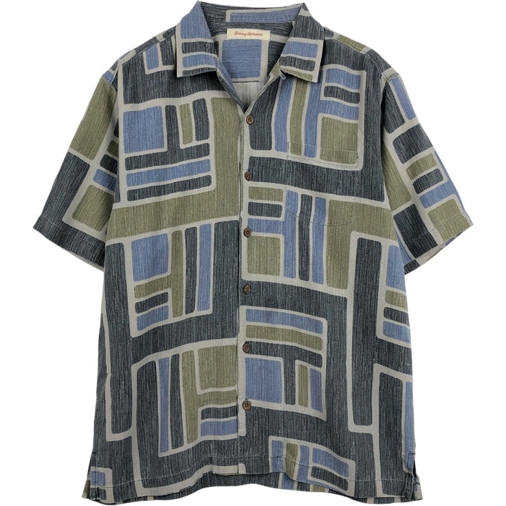 Tommy Bahama All-over Print Short Sleeve Open Collar Silk Shirt Box Shirt Men's L Size silk blue type Vintage Second Hand