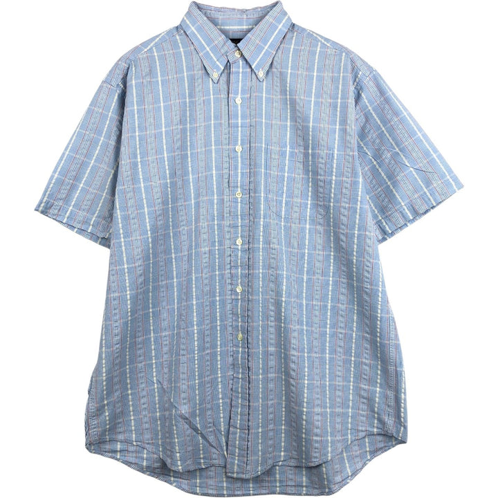 Brooks Brothers 346 Seersucker Short-Sleeve Button-Down Check Shirt, Men's Size L (approx.) cotton Blue type light blue Vintage Second Hand