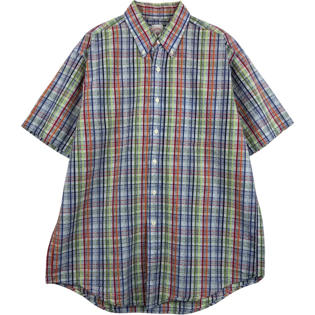 Brooks Brothers 346 Seersucker Short-Sleeve Button-Down Check Shirt, Men's Size L (approx.) cotton multicolor Vintage Second Hand