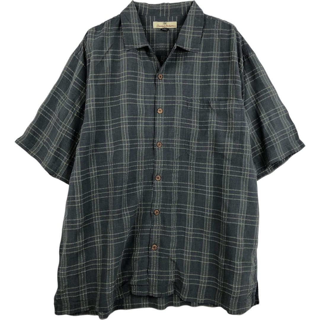 Tommy Bahama check pattern box shirt, short sleeve, open collar, silk shirt, men's size L. silk Charcoal Vintage Second Hand