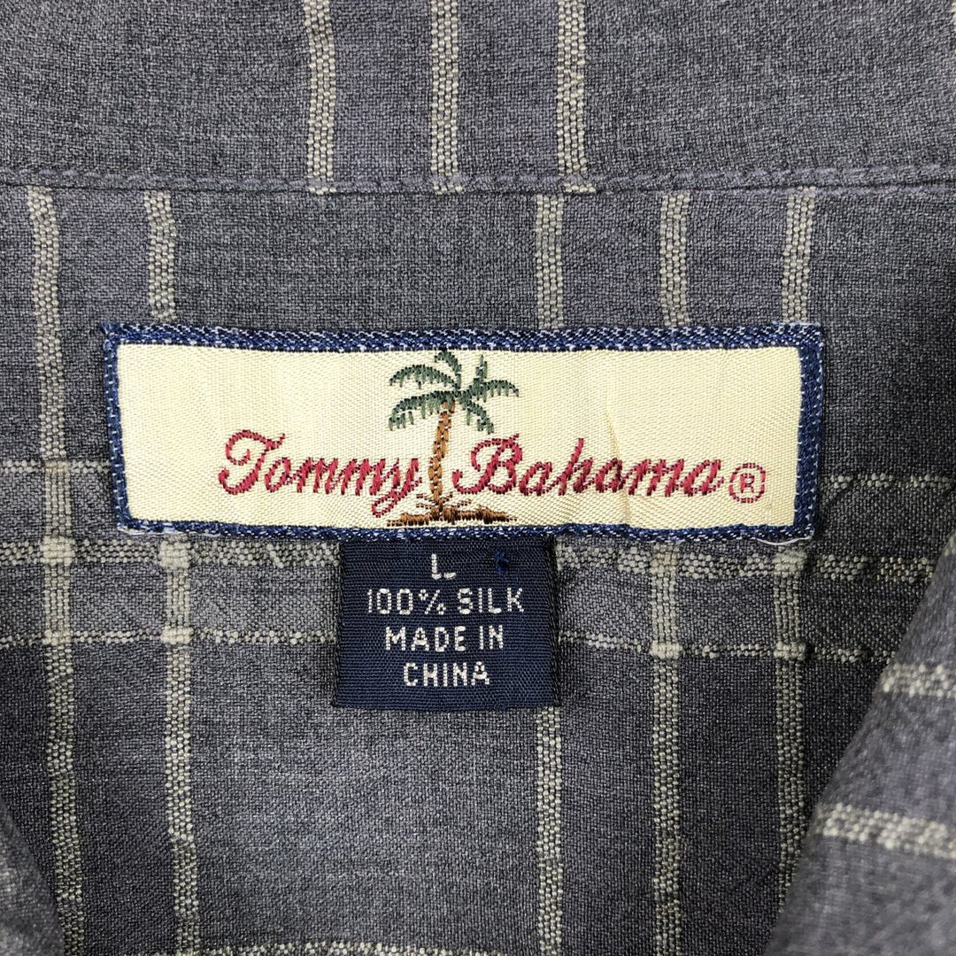 Tommy Bahama check pattern box shirt, short sleeve, open collar, silk shirt, men's size L. silk Charcoal Vintage Second Hand