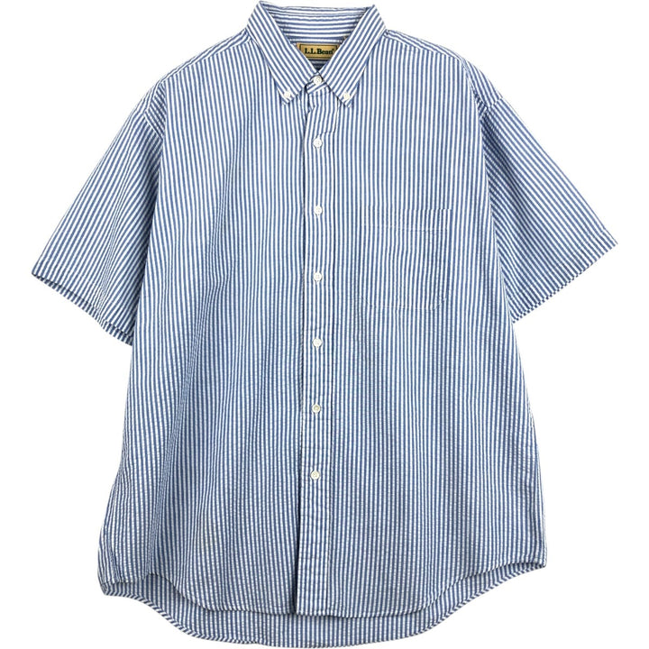 Vintage LLBean seersucker short-sleeved button-down striped shirt from the 1990s, men's size L. cotton Blue type light blue Vintage Second Hand