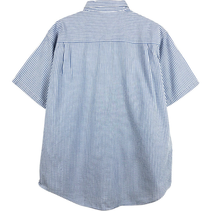 Vintage LLBean seersucker short-sleeved button-down striped shirt from the 1990s, men's size L. cotton Blue type light blue Vintage Second Hand