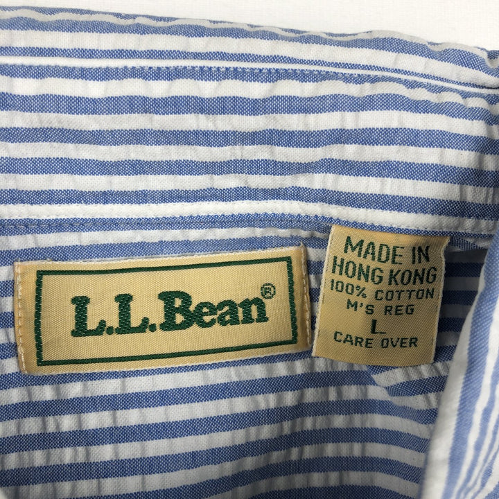 Vintage LLBean seersucker short-sleeved button-down striped shirt from the 1990s, men's size L. cotton Blue type light blue Vintage Second Hand