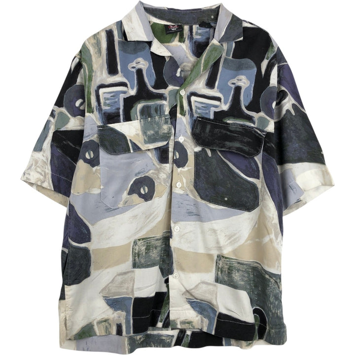Hilton Bowling Retro all-over print short-sleeved open-collar silk shirt, boxy fit, men's size L. silk multicolor Vintage Second Hand