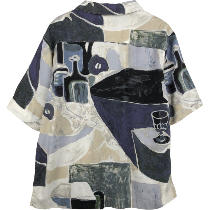 Hilton Bowling Retro all-over print short-sleeved open-collar silk shirt, boxy fit, men's size L. silk multicolor Vintage Second Hand