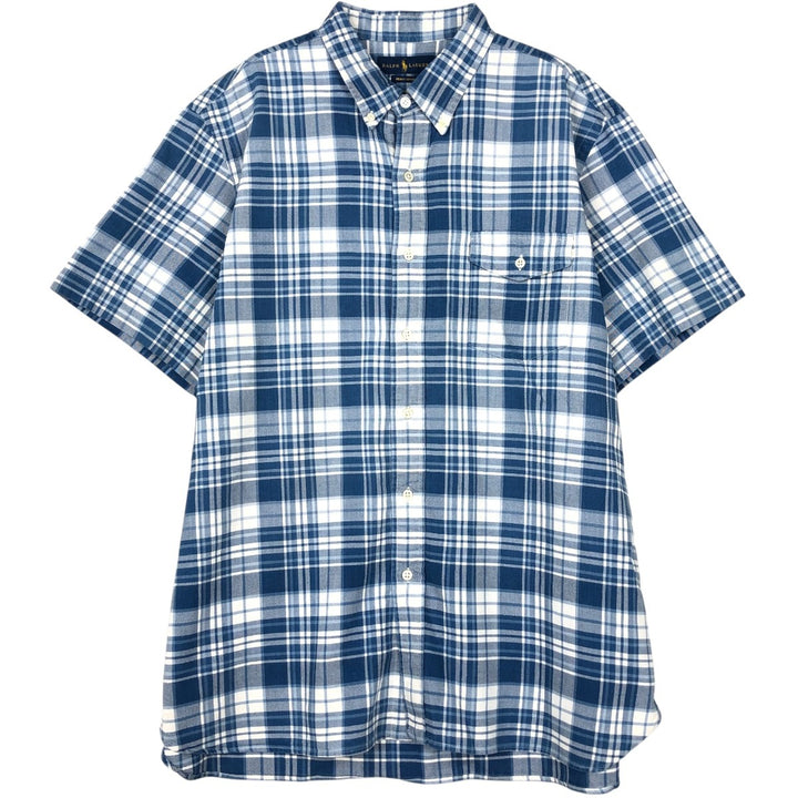 Ralph Lauren INDIGO OXFORD Short-Sleeve Button-Down Check Shirt, Men's Size XL (approx.) cotton blue type Vintage Second Hand