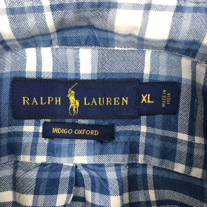 Ralph Lauren INDIGO OXFORD Short-Sleeve Button-Down Check Shirt, Men's Size XL (approx.) cotton blue type Vintage Second Hand